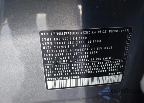 2019 Volkswagen Tiguan 2.0T Se/2.0T Sel/2.0T Sel R-Line/2.0T Sel R-Line Black z USA, uszkodzony, nr VIN 3VV2B7AX1KM019066